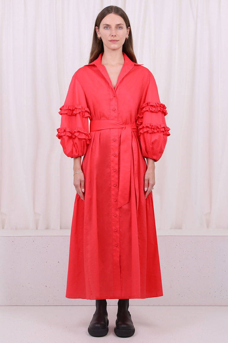 SPARROWS WEAVE RTW LONG BALLOON DRESS FRILL SLEEVE WITH BELT RED