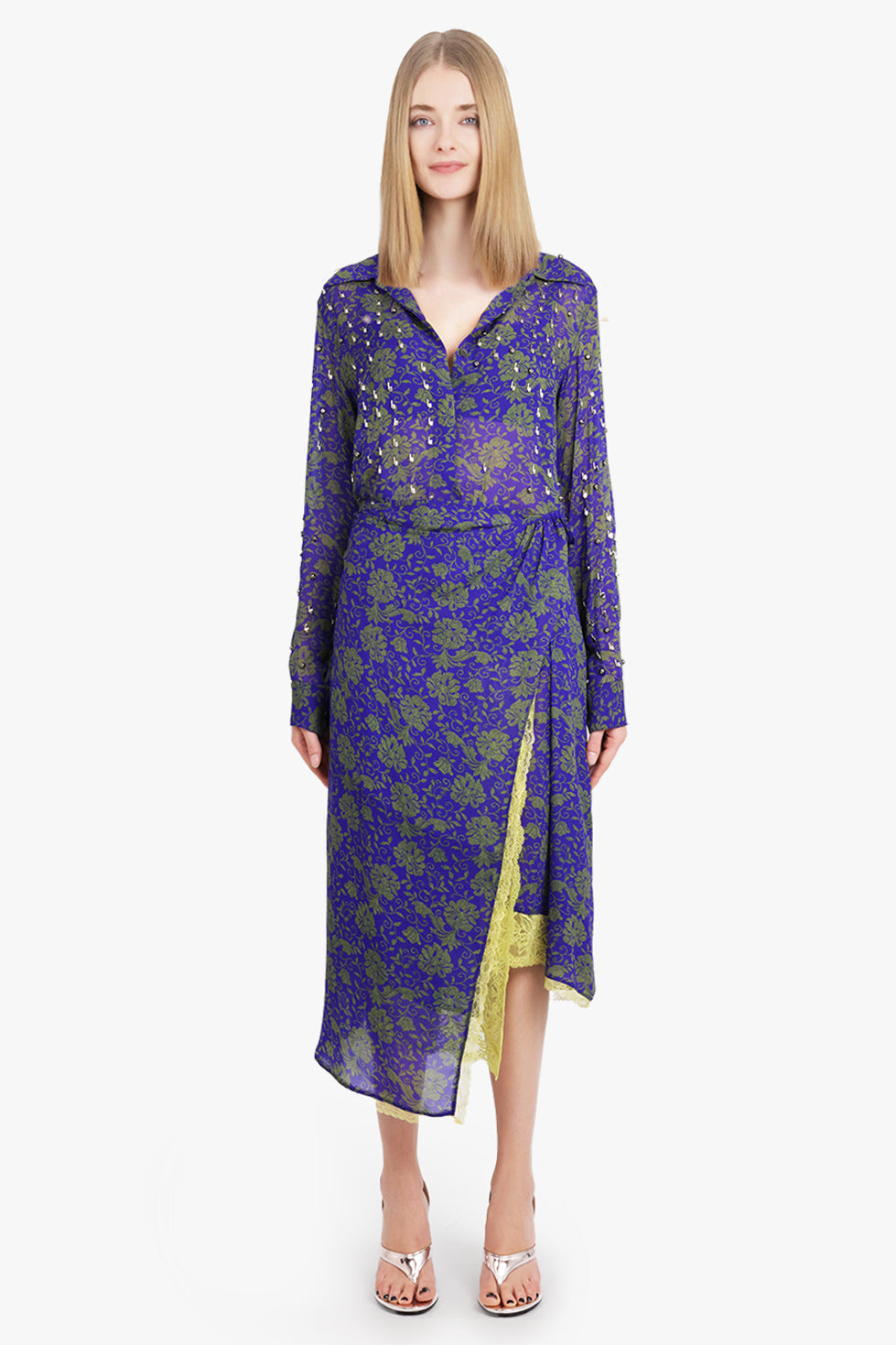 DRIES VAN NOTEN RTW Sanne Floral Print Midi Slit Skirt | Purple/Green