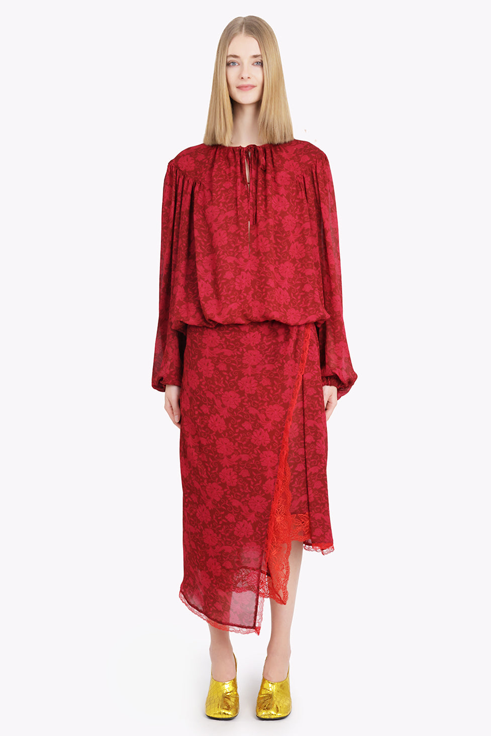 DRIES VAN NOTEN RTW Catti Floral Print L/S Tie Blouse | Cherry Red