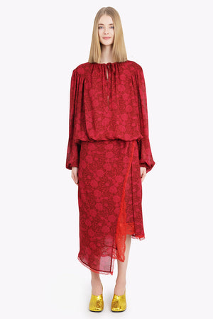 DRIES VAN NOTEN RTW Catti Floral Print L/S Tie Blouse | Cherry Red