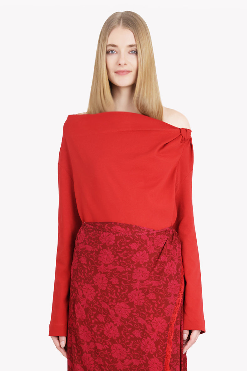 DRIES VAN NOTEN RTW Hemac L/S One Shoulder Knot Detail Top | Red
