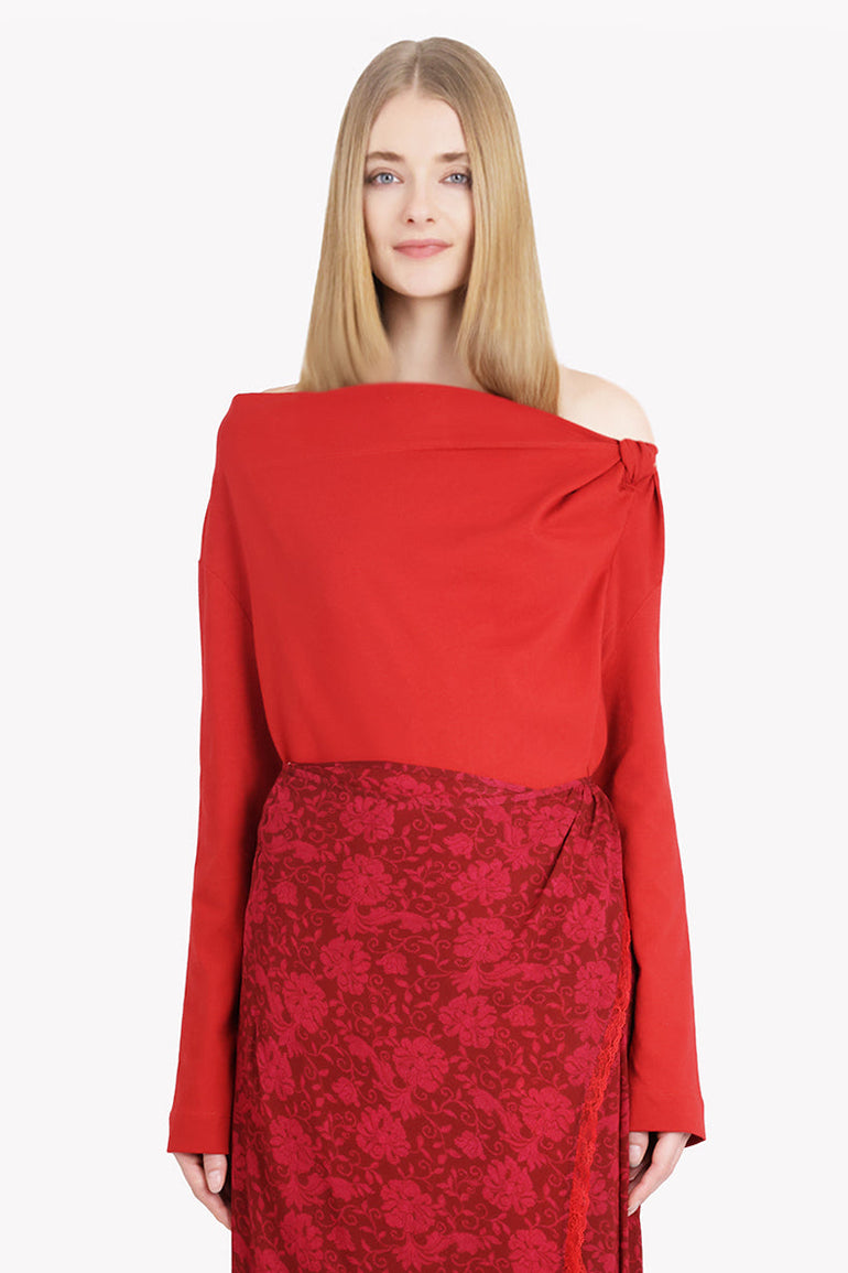 DRIES VAN NOTEN RTW Hemac L/S One Shoulder Knot Detail Top | Red