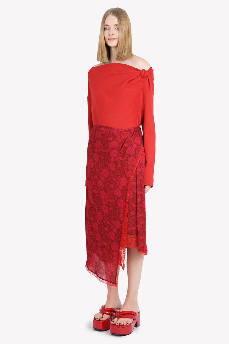 DRIES VAN NOTEN RTW Sanne Floral Print Midi Slit Skirt | Cherry Red