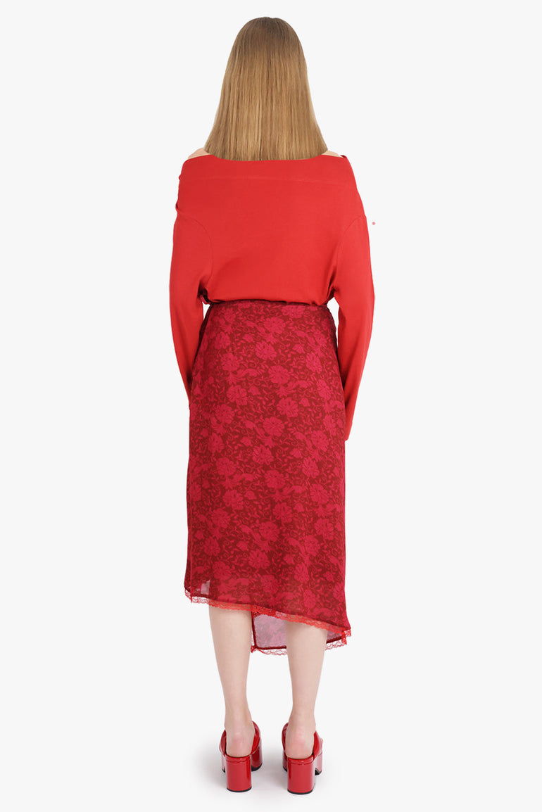 DRIES VAN NOTEN RTW Sanne Floral Print Midi Slit Skirt | Cherry Red