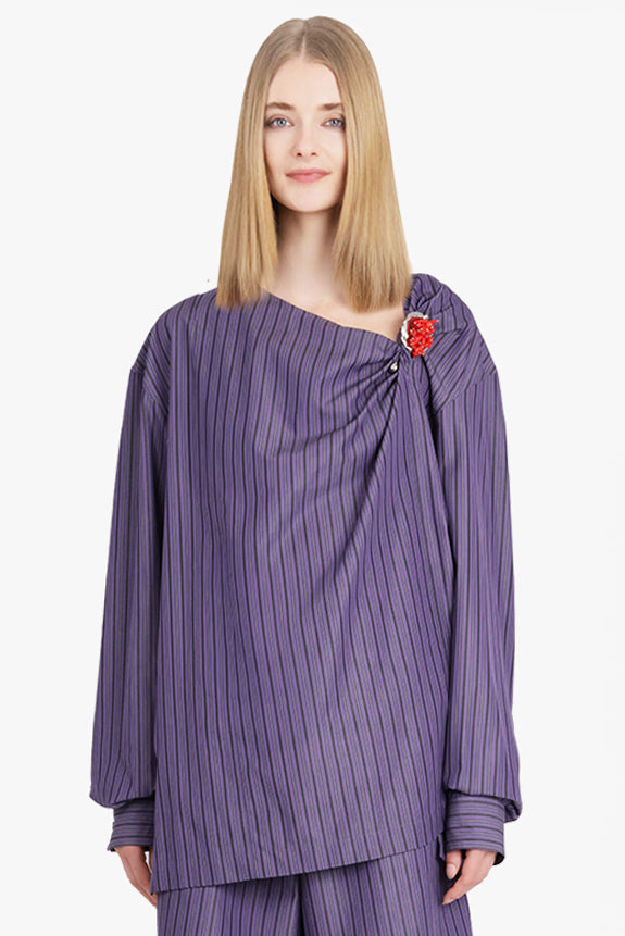DRIES VAN NOTEN RTW Cijou Stripe Asymmetrical Knot Detail L/S Blouse | Purple Steel