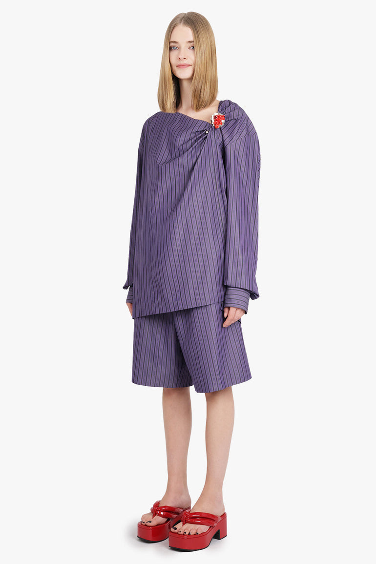 DRIES VAN NOTEN RTW Cijou Stripe Asymmetrical Knot Detail L/S Blouse | Purple Steel