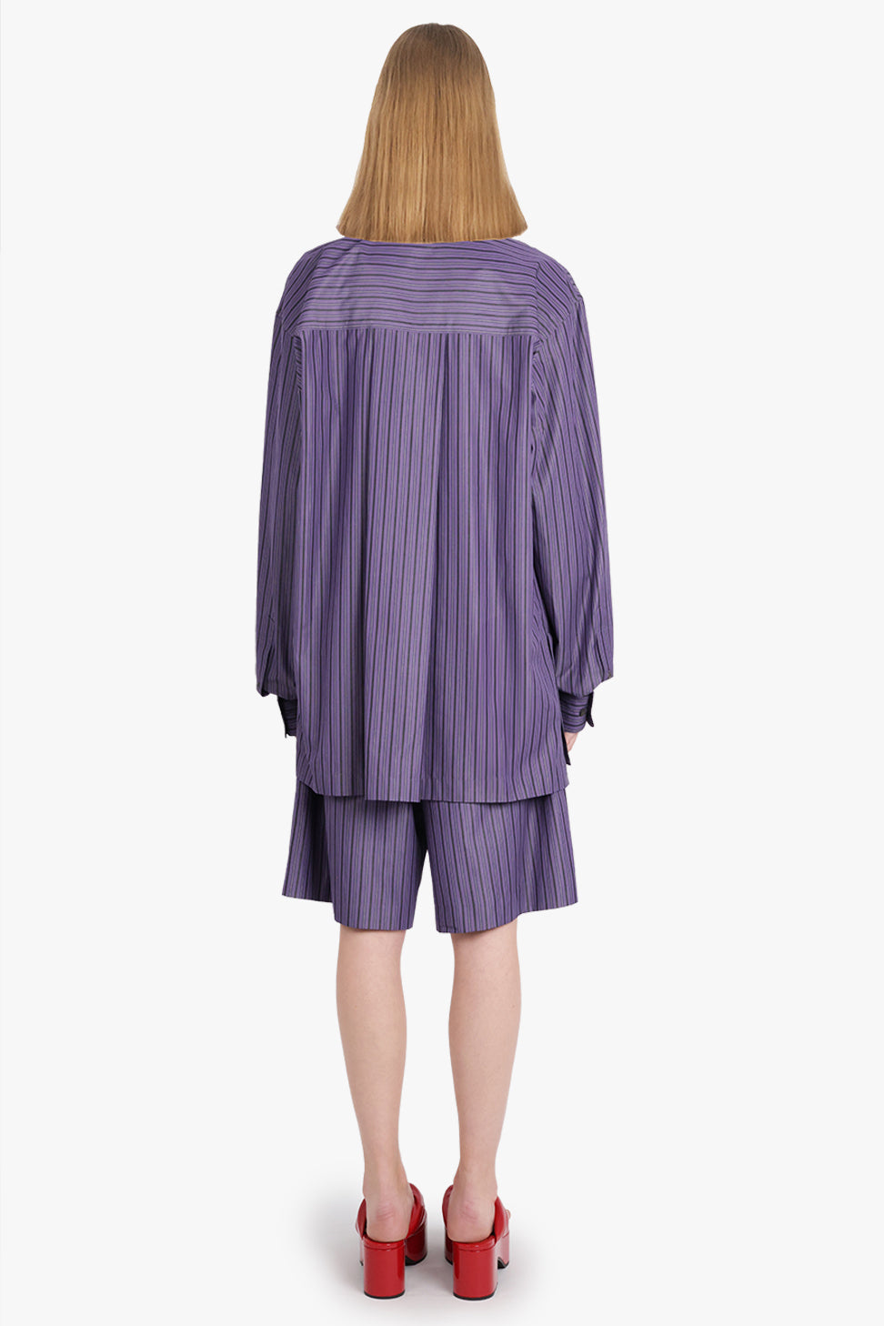 Cijou Stripe Asymmetrical Knot Detail L/S Blouse | Purple Steel