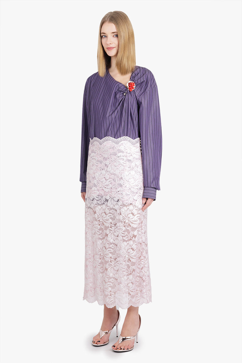 DRIES VAN NOTEN RTW Cijou Stripe Asymmetrical Knot Detail L/S Blouse | Purple Steel