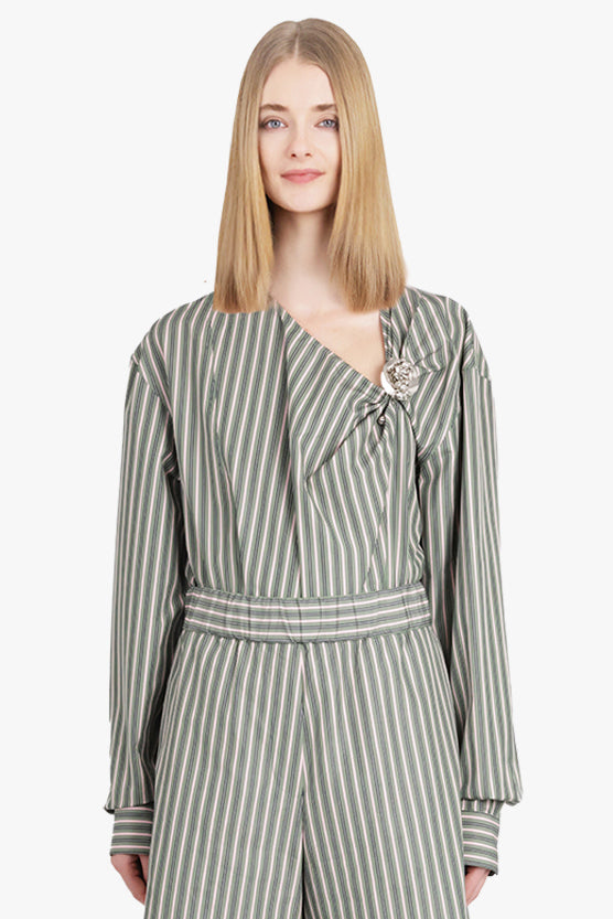 DRIES VAN NOTEN RTW Cijou Stripe Asymmetrical Knot Detail L/S Blouse | Pistachio/Pink