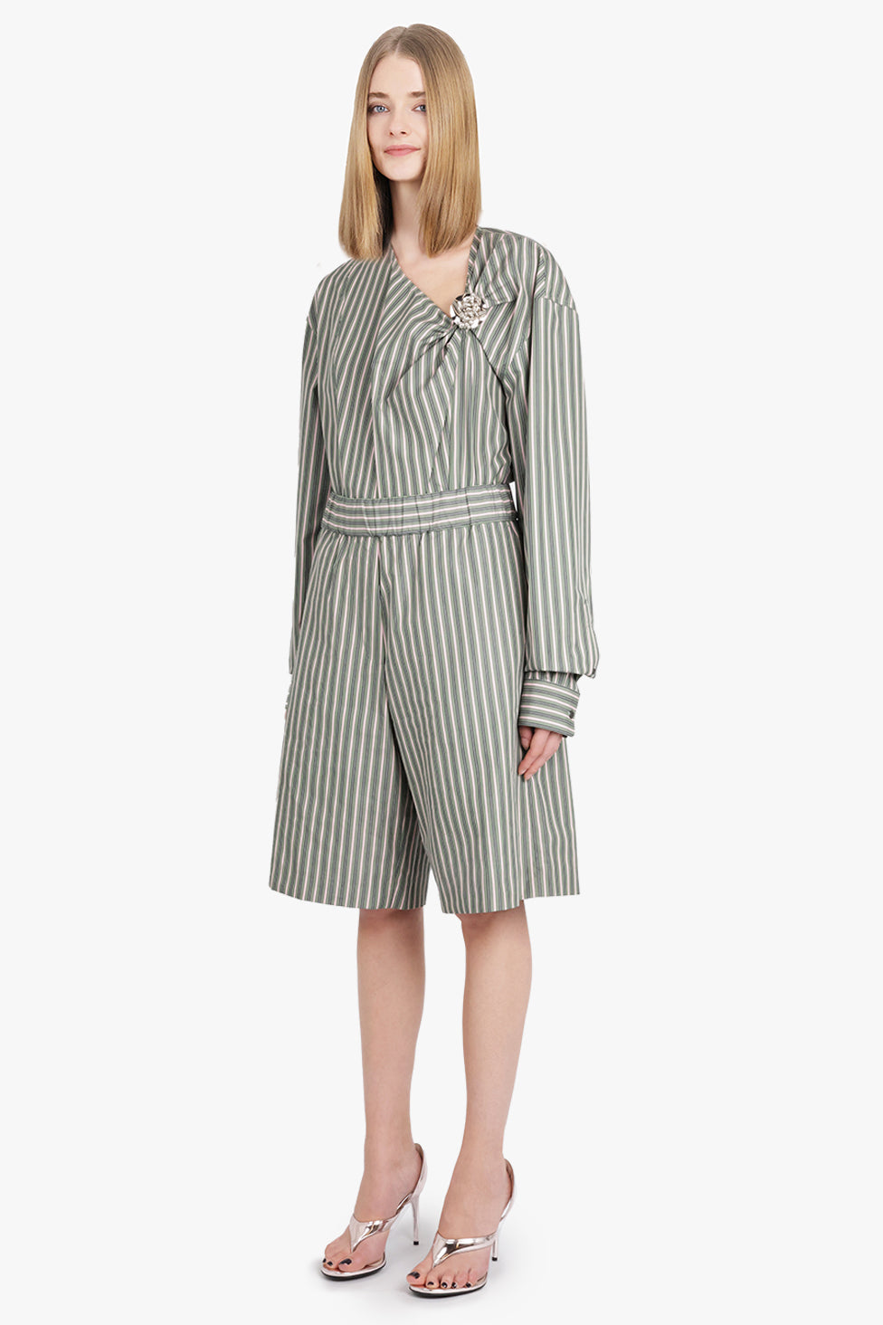 DRIES VAN NOTEN RTW Cijou Stripe Asymmetrical Knot Detail L/S Blouse | Pistachio/Pink