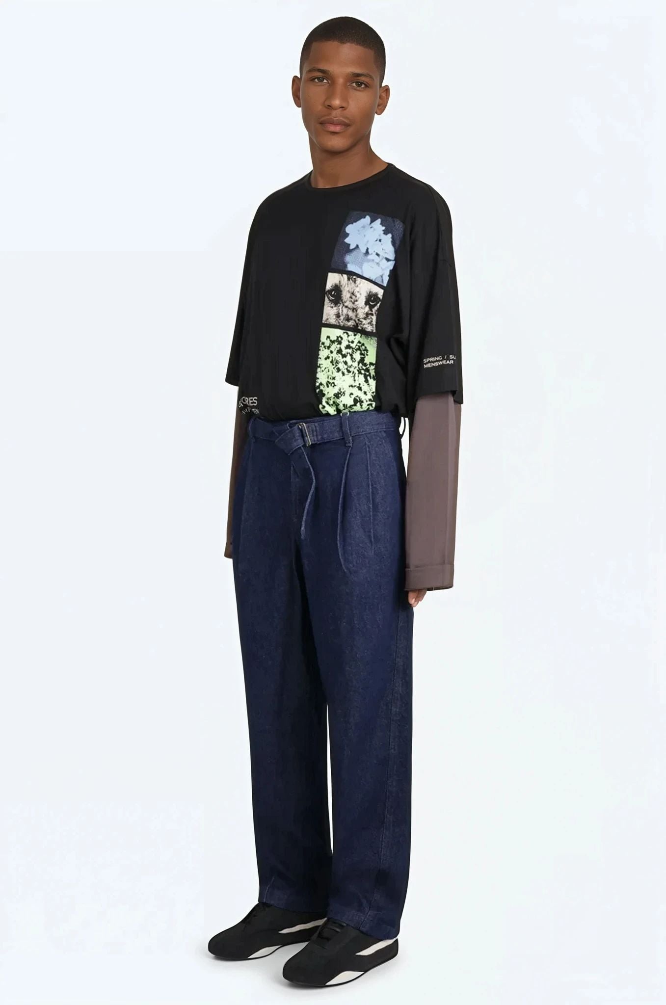 DRIES VAN NOTEN RTW Hemmings Patchwork L/S T-Shirt | Black/Grey