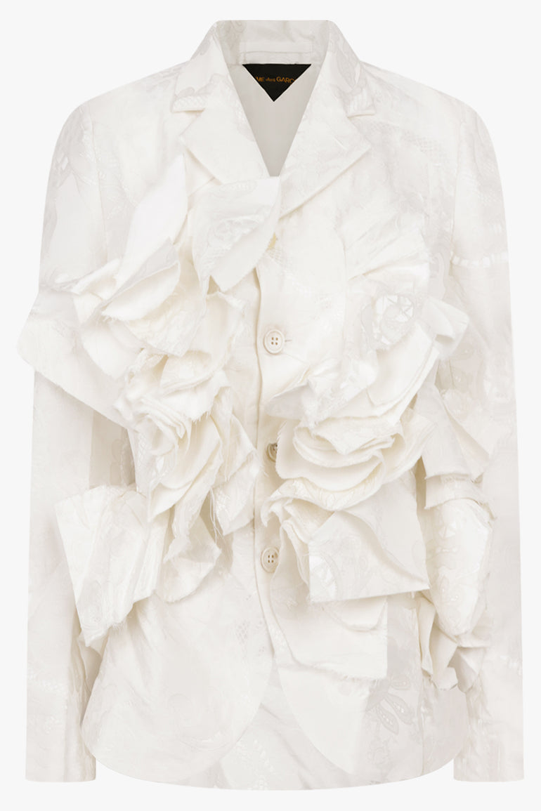 COMME DES GARCONS RTW Lace Pattern Ruffle Asymmetric Jacket | White