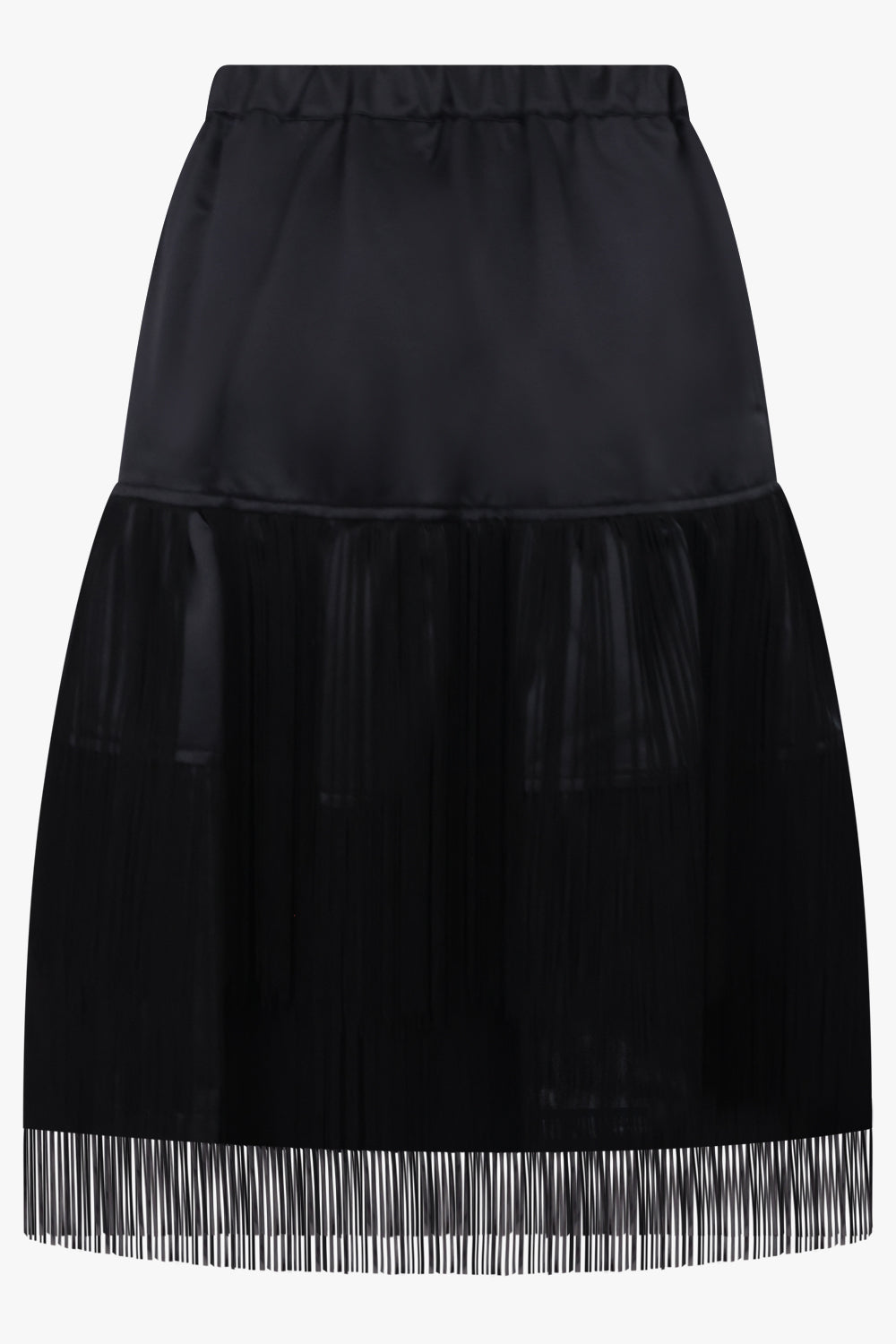 COMME DES GARCONS BLACK Satin Fringe Layer Midi Skirt | Black