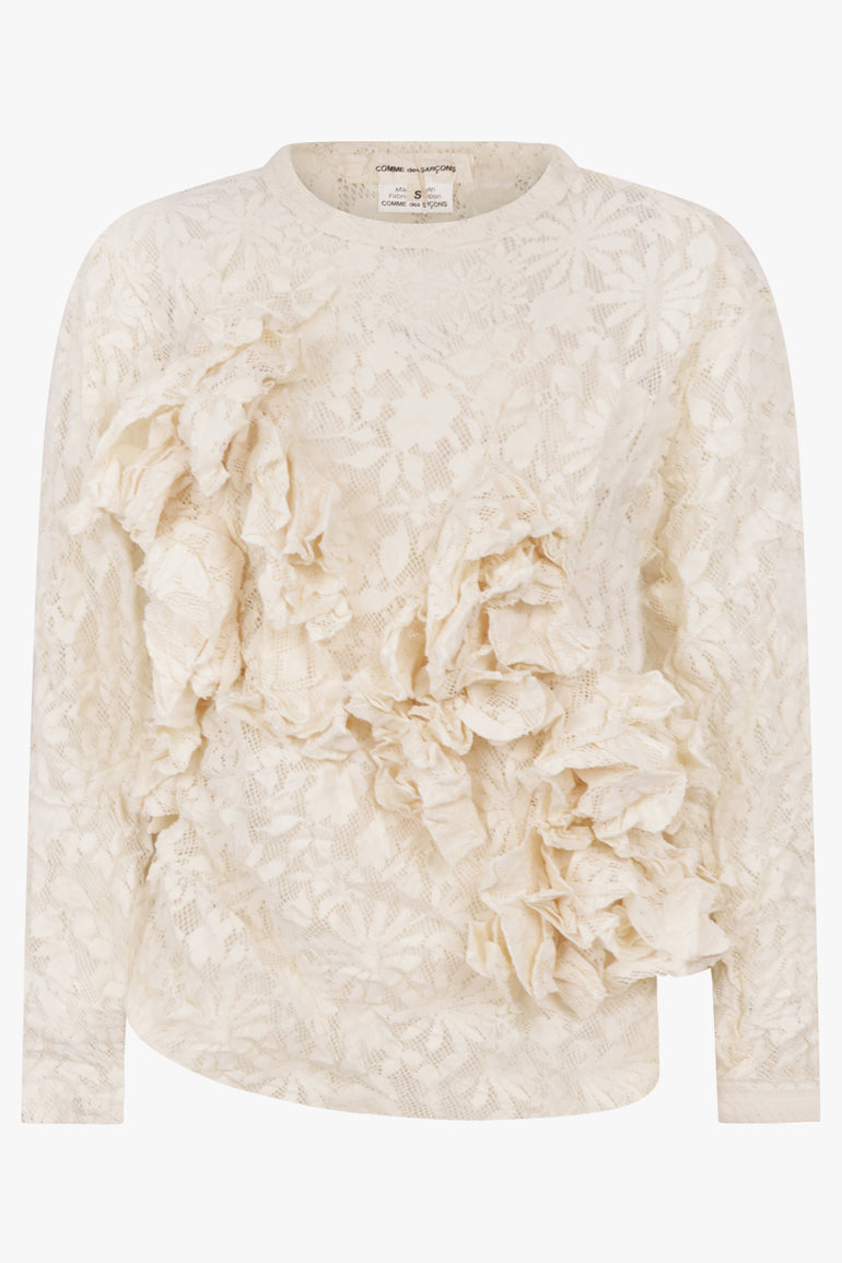 COMME DES GARCONS RTW Lace Print Ruffle Front Asymmetric Top | Ivory