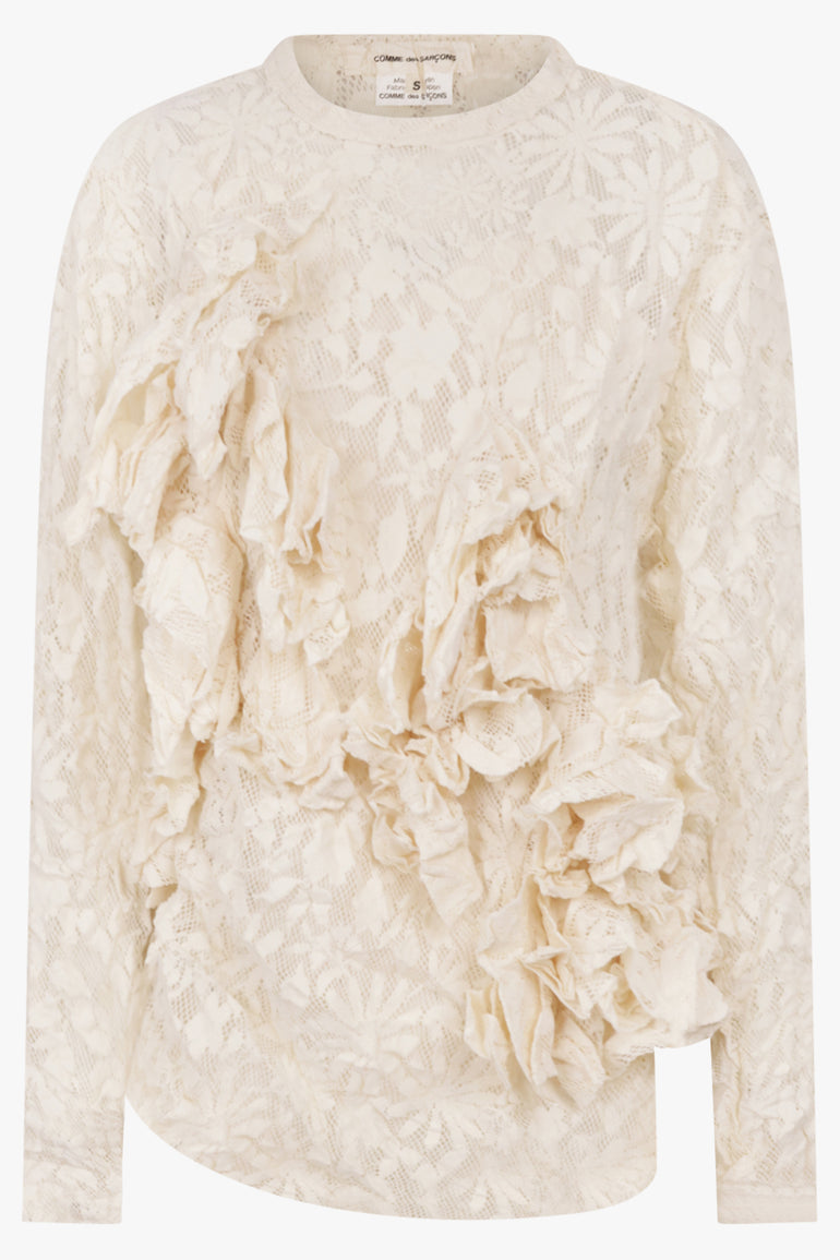 COMME DES GARCONS RTW Lace Print Ruffle Front Asymmetric Top | Ivory
