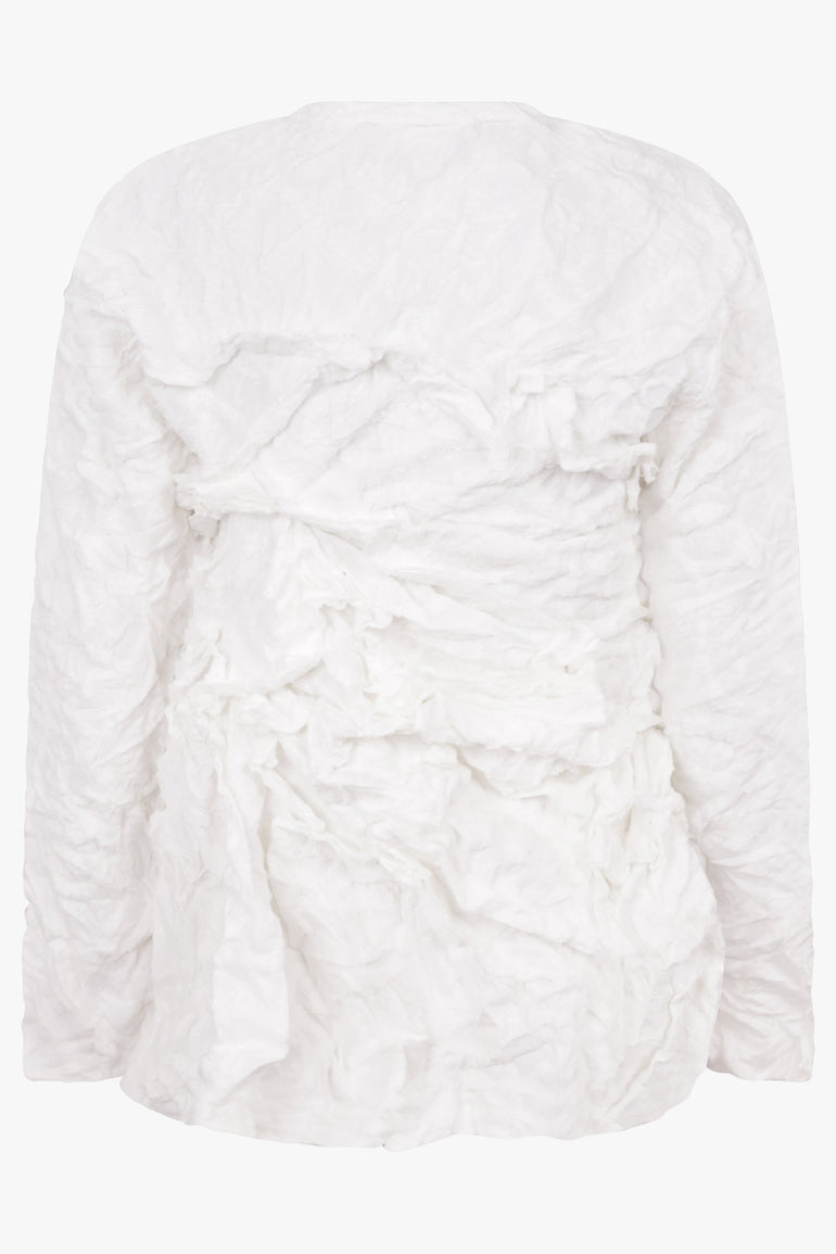 COMME DES GARCONS RTW Lace Print Deconstruct Ruffle Asymmetric Top | White