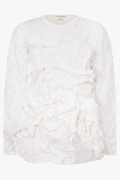 COMME DES GARCONS RTW Lace Print Deconstruct Ruffle Asymmetric Top | White