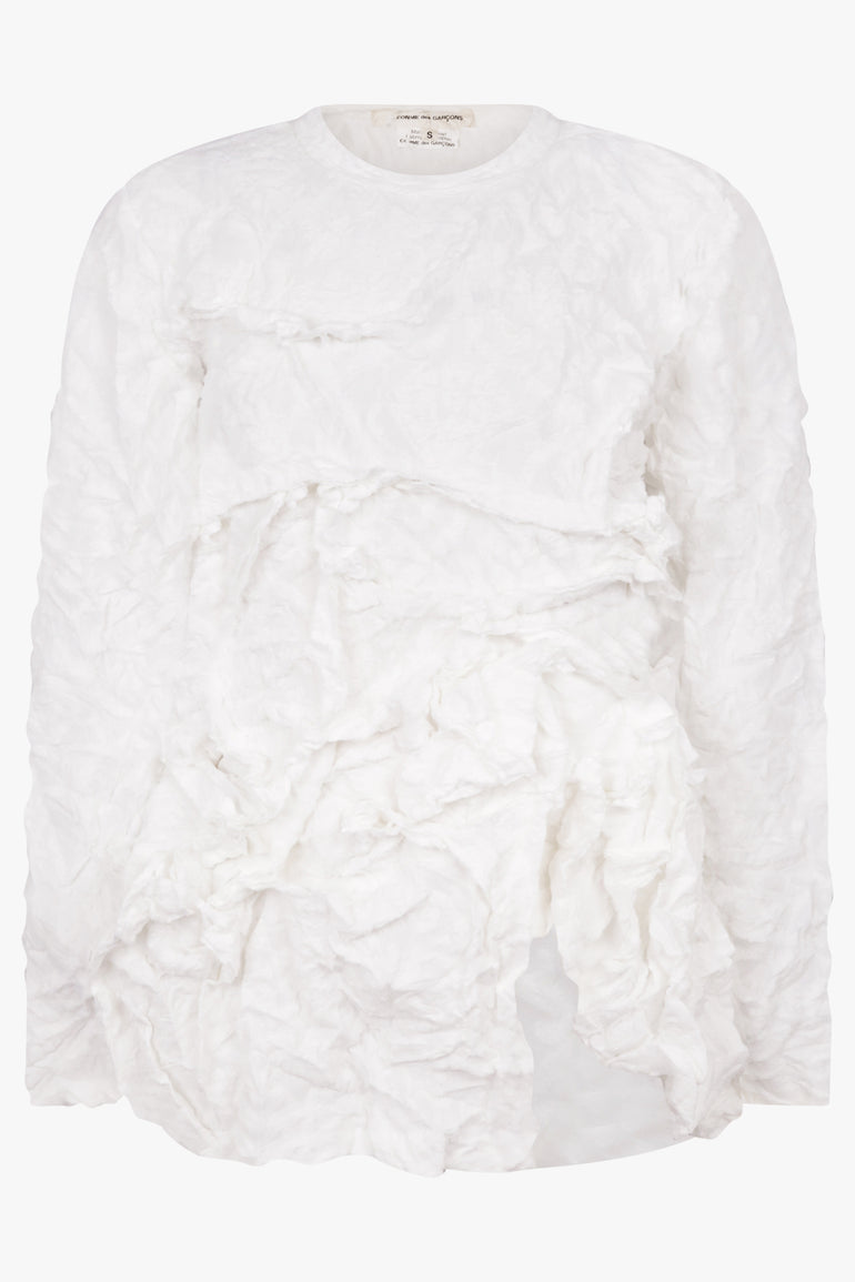 COMME DES GARCONS RTW Lace Print Deconstruct Ruffle Asymmetric Top | White