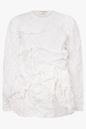COMME DES GARCONS RTW Lace Print Deconstruct Ruffle Asymmetric Top | White