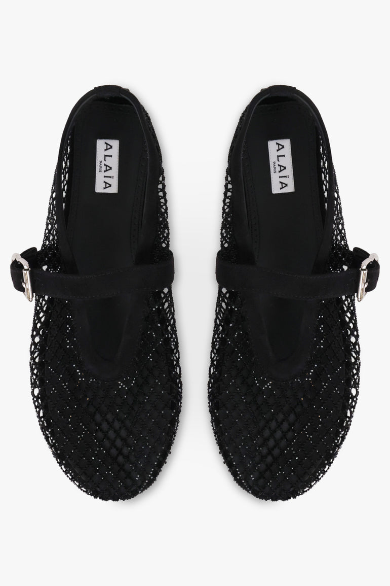 ALAIA SHOES Fishnet Strass Mesh Ballet Flat | Black