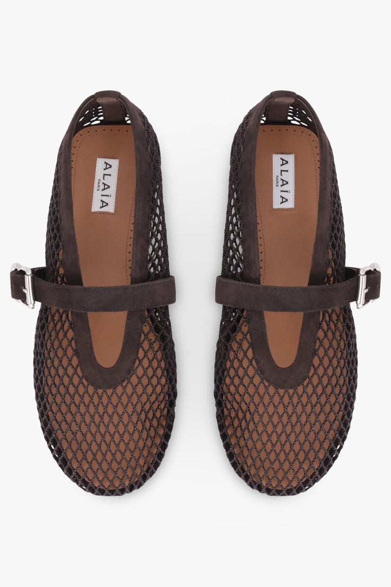 ALAIA SHOES Fishnet Mesh Ballet Flat | Dark Brown