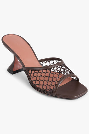 AMINA MUADDI SHOES Lupita 70mm Fishnet Slipper Heel | Brown