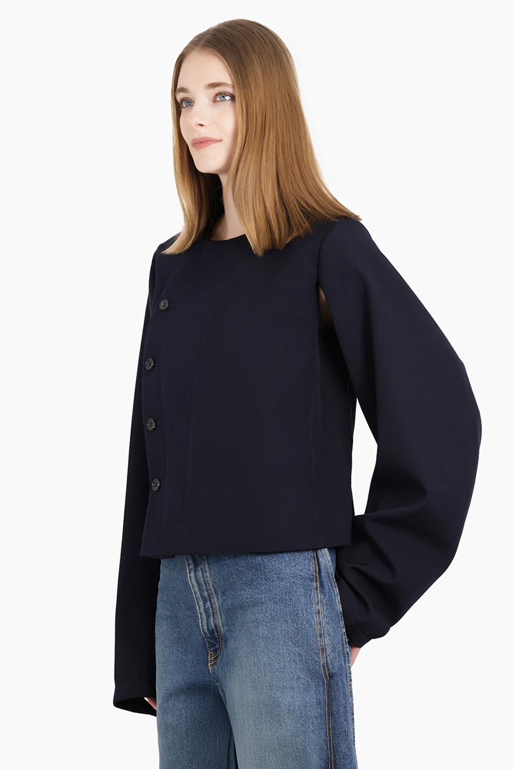 Asymmetric Button L/S Jacket | Navy – Parlour X