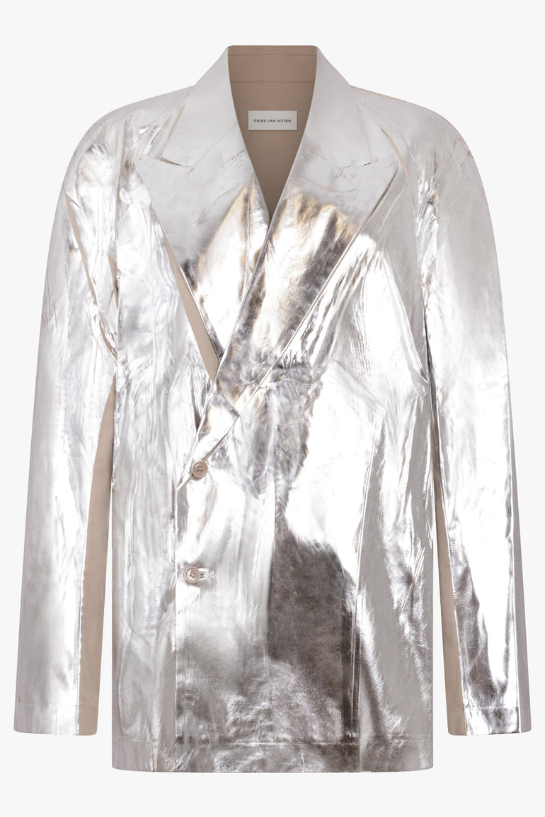 DRIES VAN NOTEN RTW Caplan Silver Overlay Double Breasted Shirt Jacket | Silver/Sand