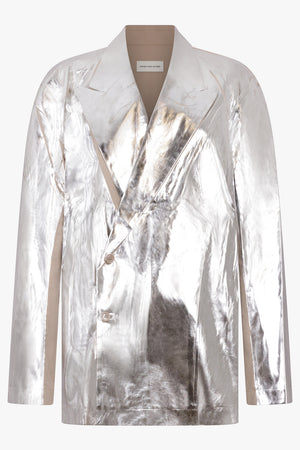 DRIES VAN NOTEN RTW Caplan Silver Overlay Double Breasted Shirt Jacket | Silver/Sand