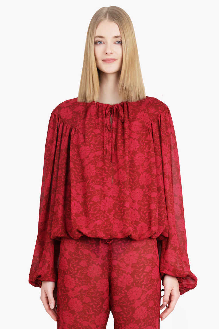 DRIES VAN NOTEN RTW Catti Floral Print L/S Tie Blouse | Cherry Red