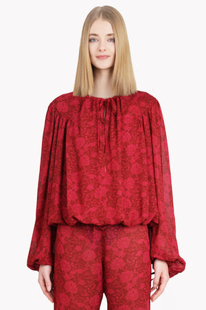 DRIES VAN NOTEN RTW Catti Floral Print L/S Tie Blouse | Cherry Red