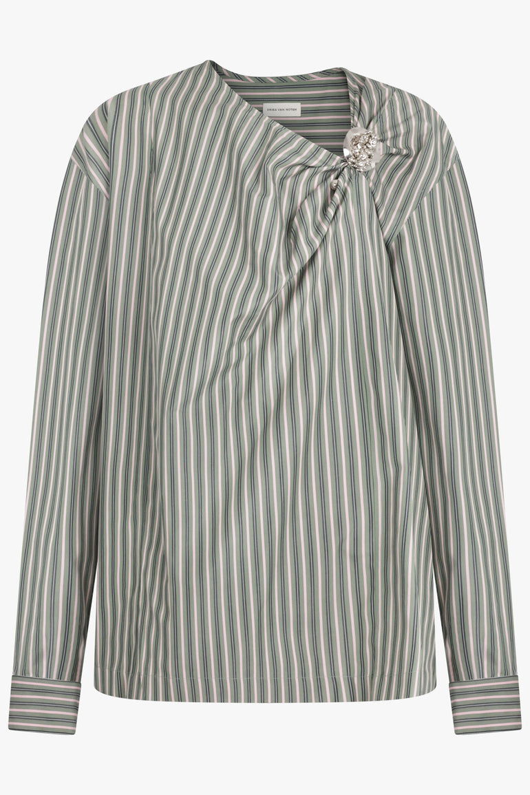 DRIES VAN NOTEN RTW Cijou Stripe Asymmetrical Knot Detail L/S Blouse | Pistachio/Pink