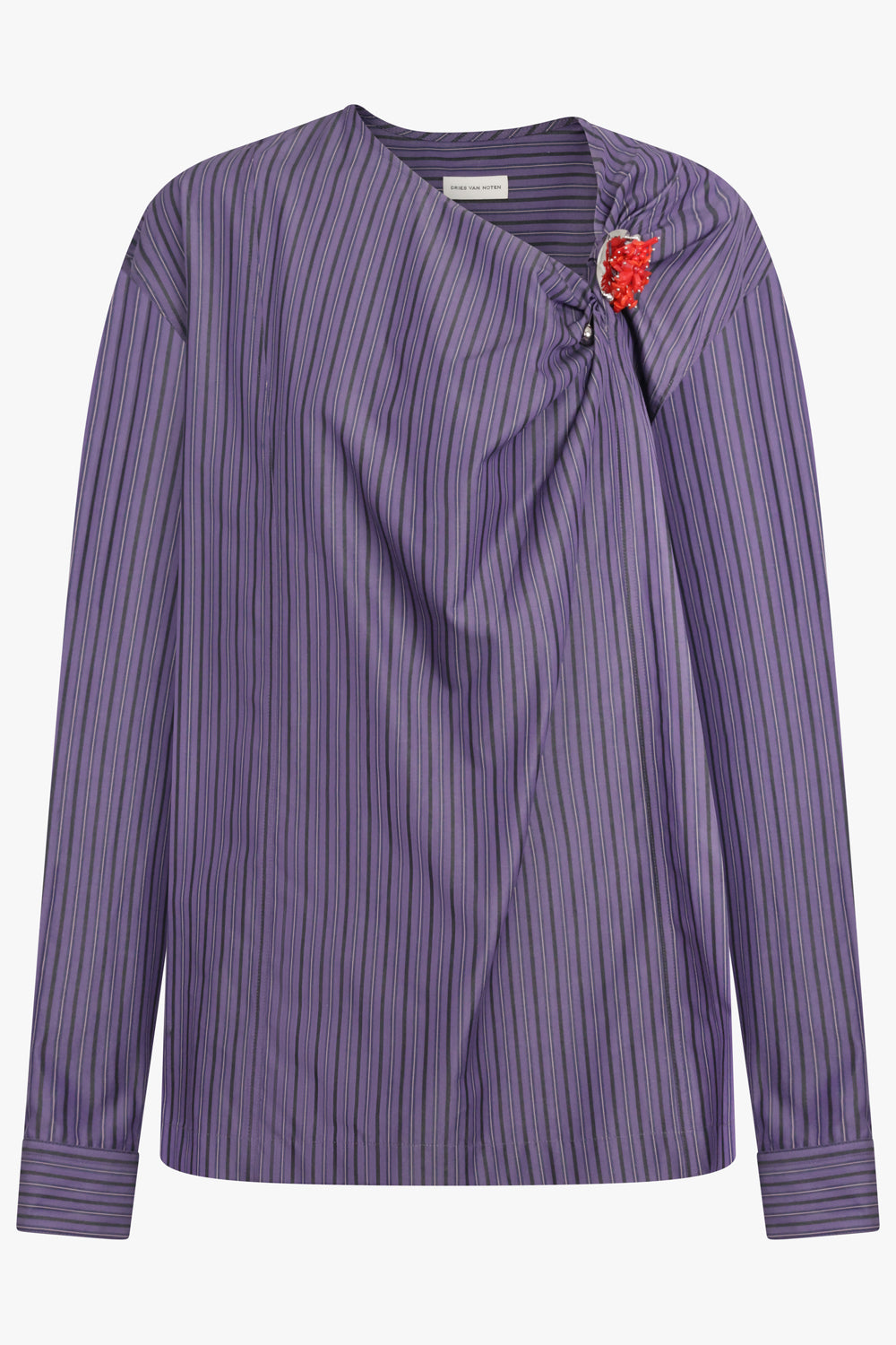 DRIES VAN NOTEN RTW Cijou Stripe Asymmetrical Knot Detail L/S Blouse | Purple Steel