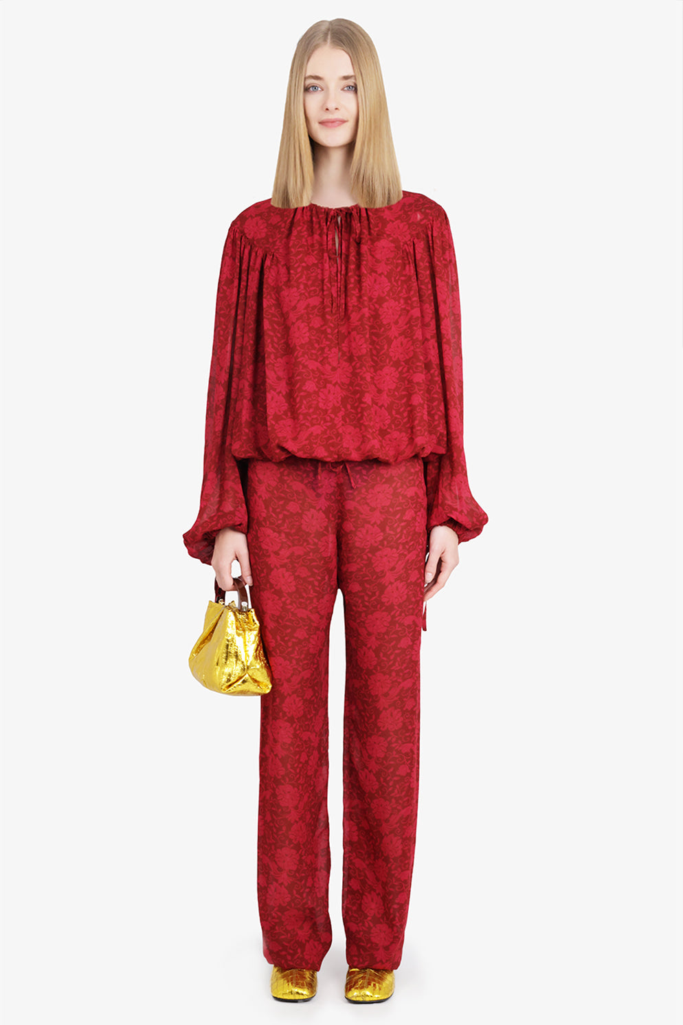 DRIES VAN NOTEN RTW Pachas Floral Print Relaxed Fit Pant | Cherry Red