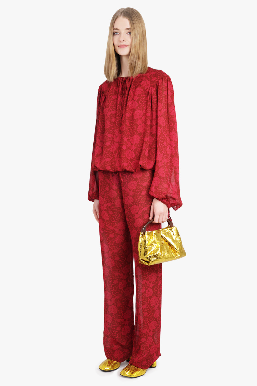 DRIES VAN NOTEN RTW Pachas Floral Print Relaxed Fit Pant | Cherry Red