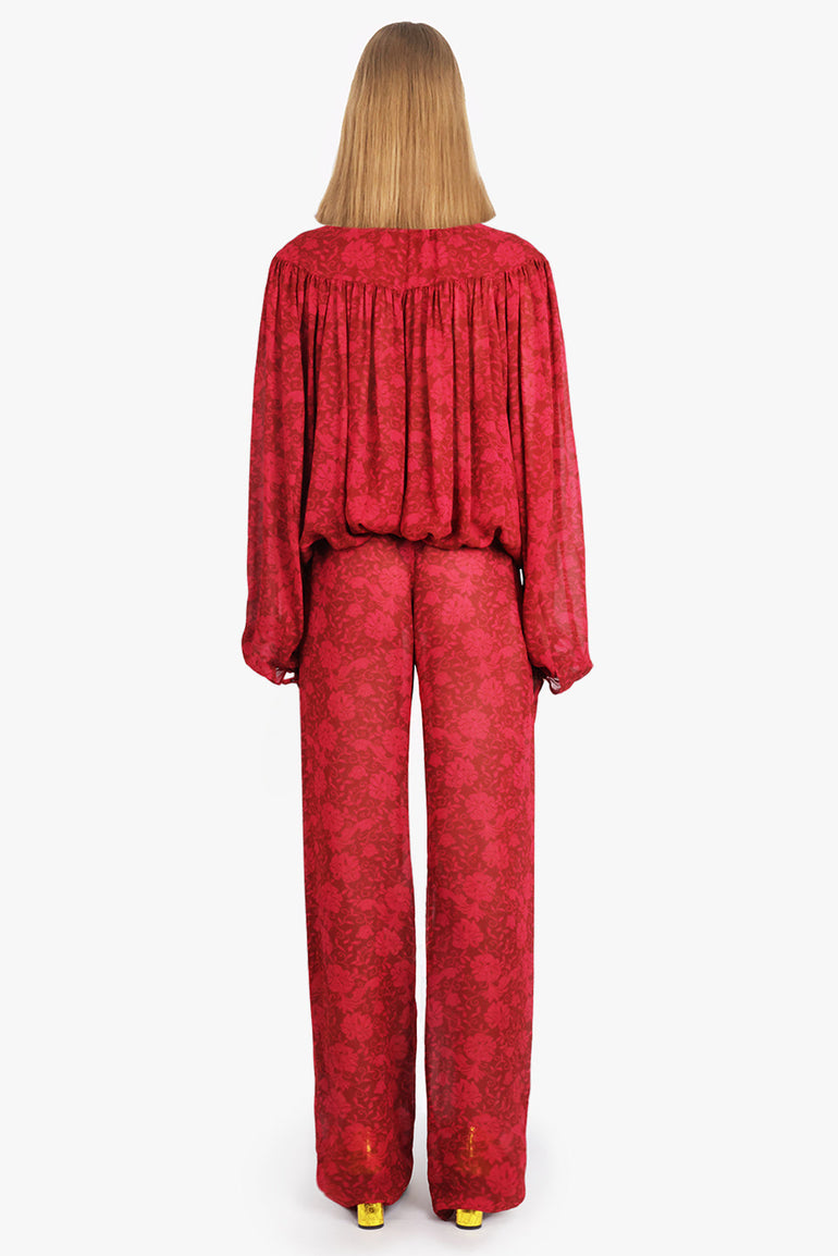 DRIES VAN NOTEN RTW Catti Floral Print L/S Tie Blouse | Cherry Red