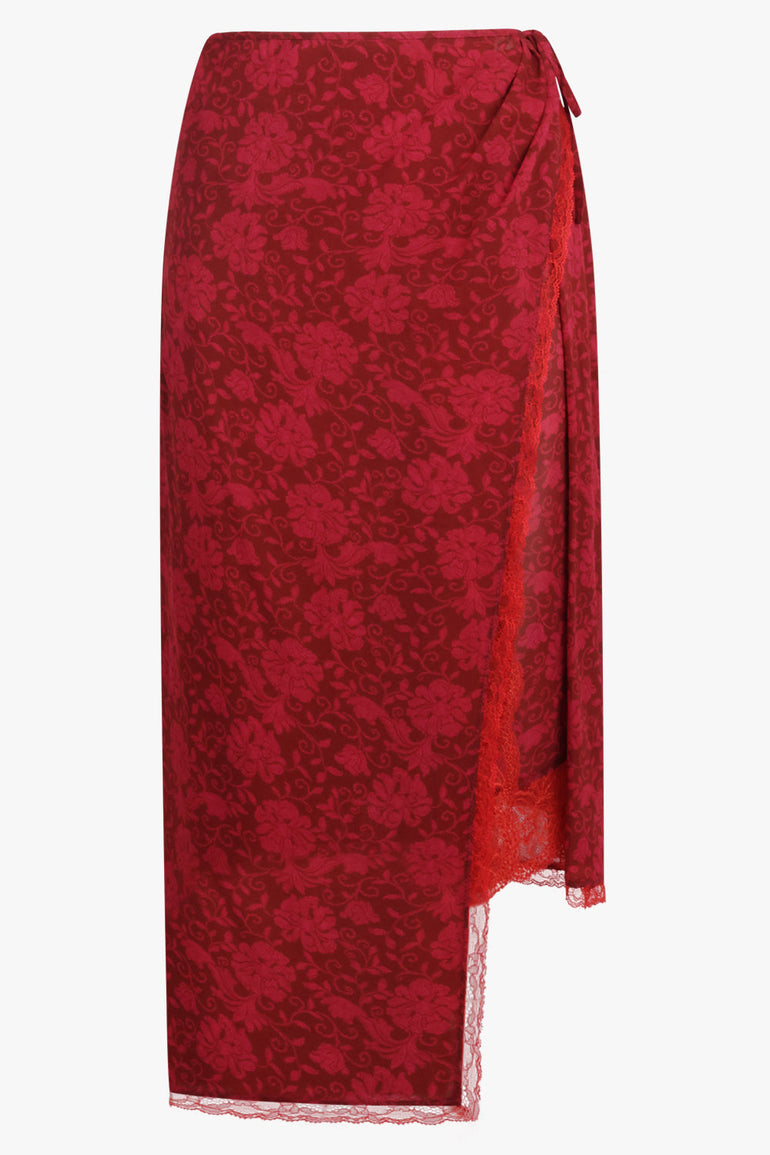 DRIES VAN NOTEN RTW Sanne Floral Print Midi Slit Skirt | Cherry Red