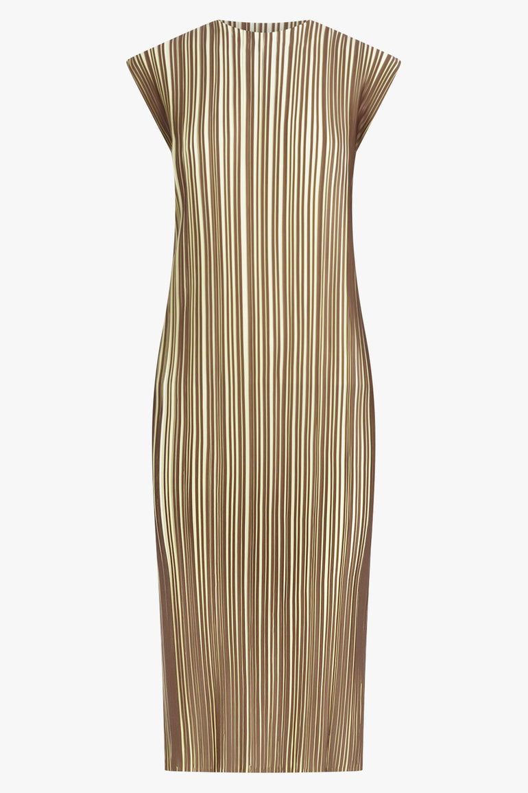 PHOEBE PHILO RTW Pleat Bi-Colour Midi Pinafore Dress | Brown/Yellow