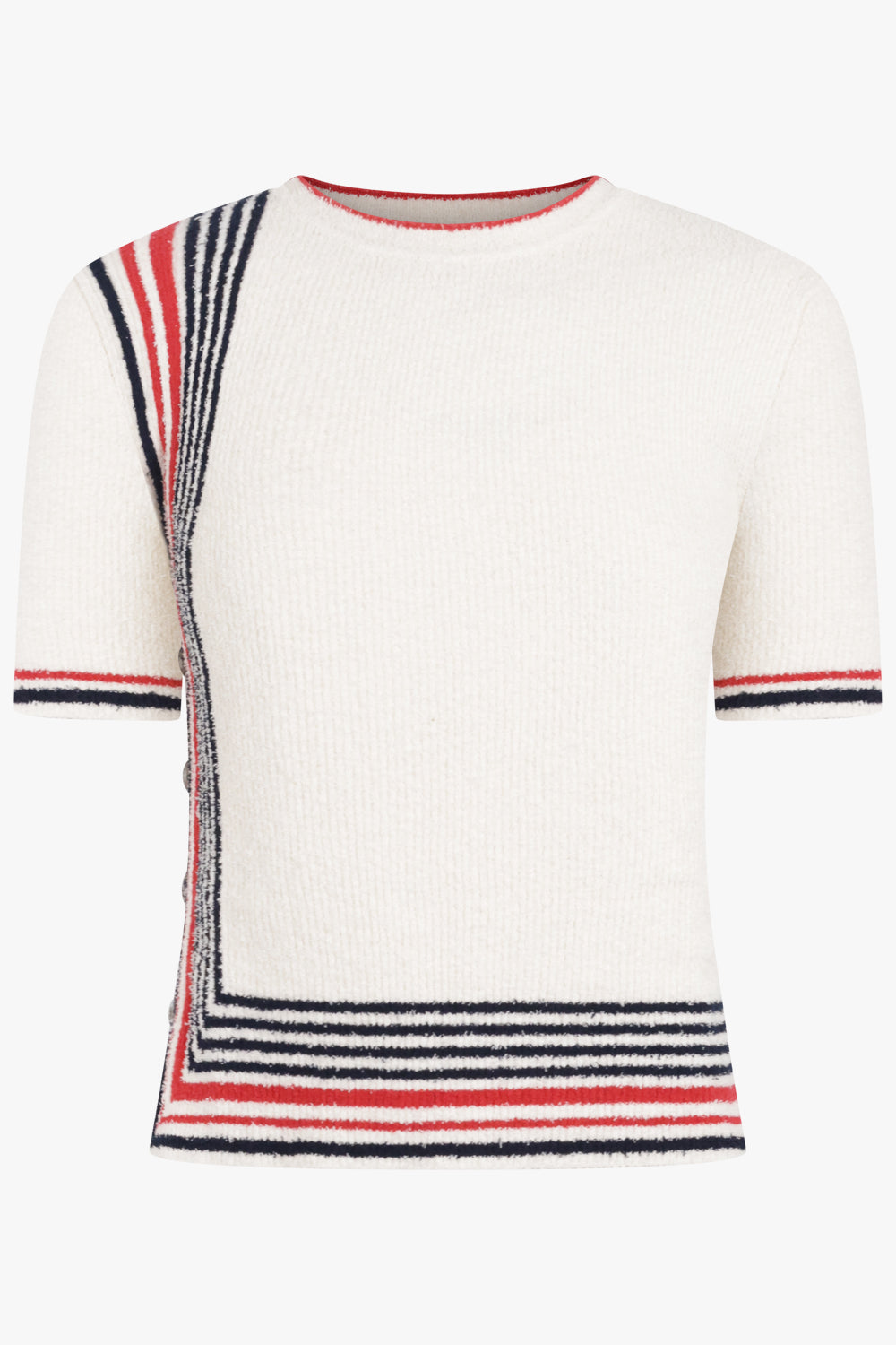 RABANNE RTW Boucle Stripe Detail S/S Knit Top | Cream/Navy/Red
