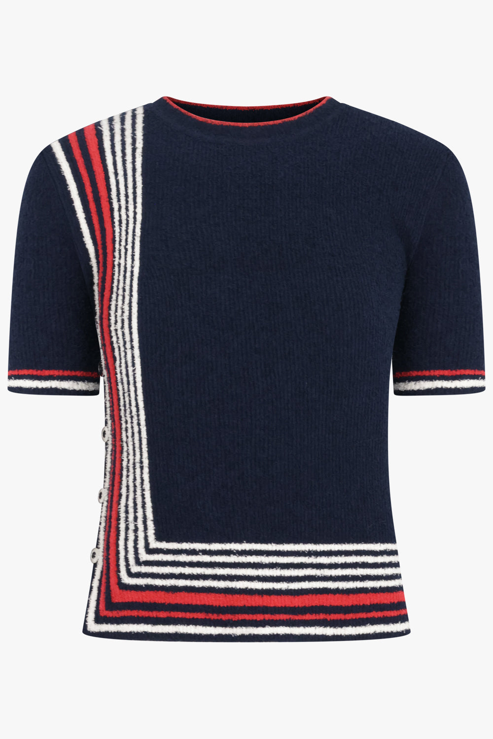 RABANNE RTW Boucle Stripe Detail S/S Knit Top | Navy/White/Red