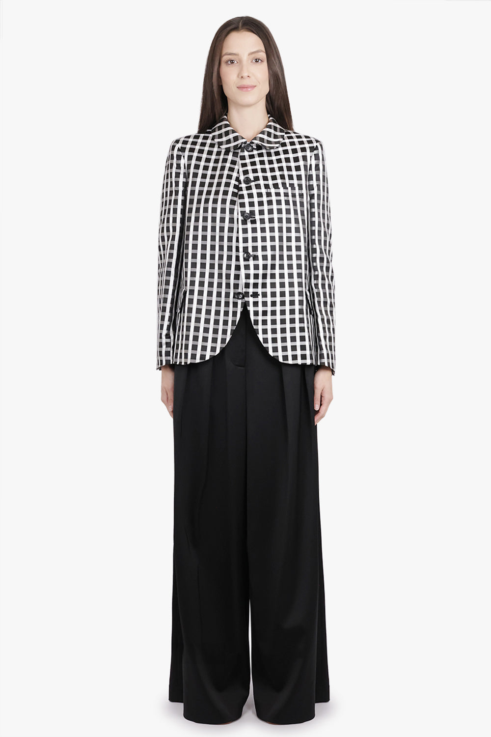 COMME DES GARCONS RTW Round Collar Check Print Jacket With Curved Front | Black/White