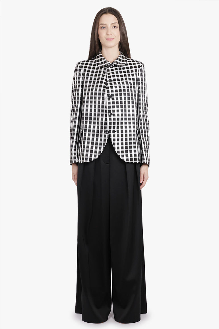 COMME DES GARCONS RTW Round Collar Check Print Jacket With Curved Front | Black/White