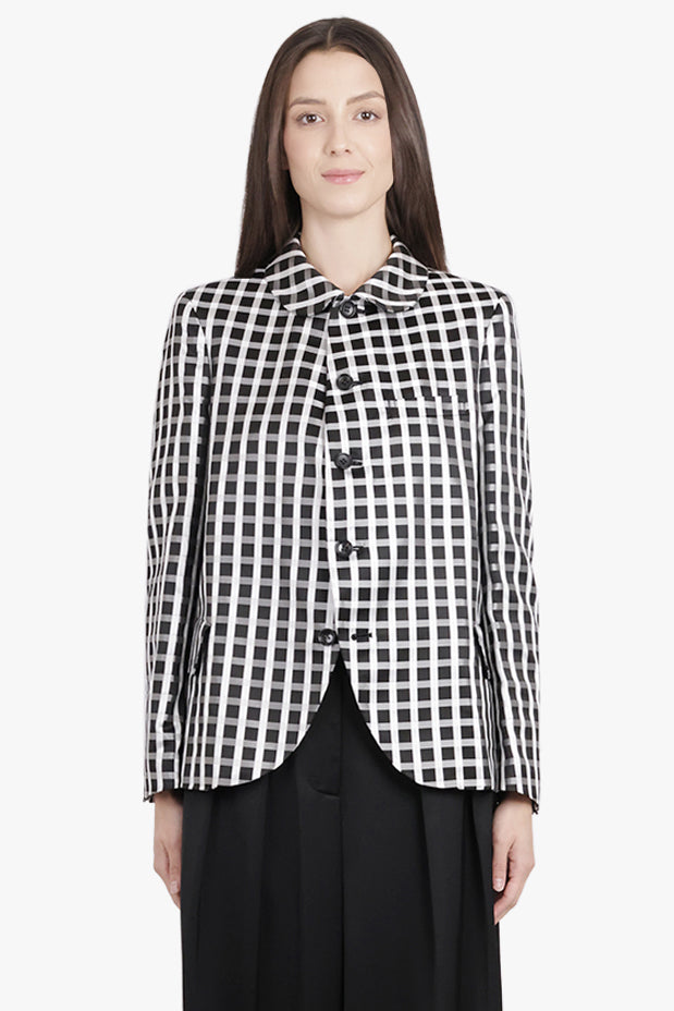 COMME DES GARCONS RTW Round Collar Check Print Jacket With Curved Front | Black/White