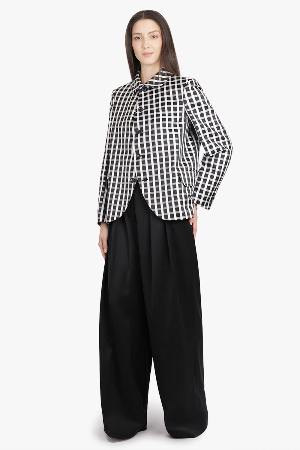 COMME DES GARCONS RTW Round Collar Check Print Jacket With Curved Front | Black/White