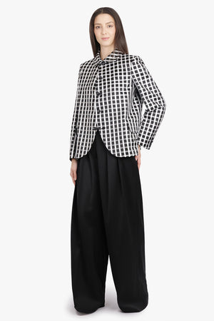 COMME DES GARCONS RTW Round Collar Check Print Jacket With Curved Front | Black/White