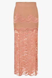 RABANNE RTW Lace X Stretch Panel Midi Skirt | New Caramel
