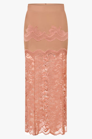 Lace X Stretch Panel Midi Skirt | New Caramel