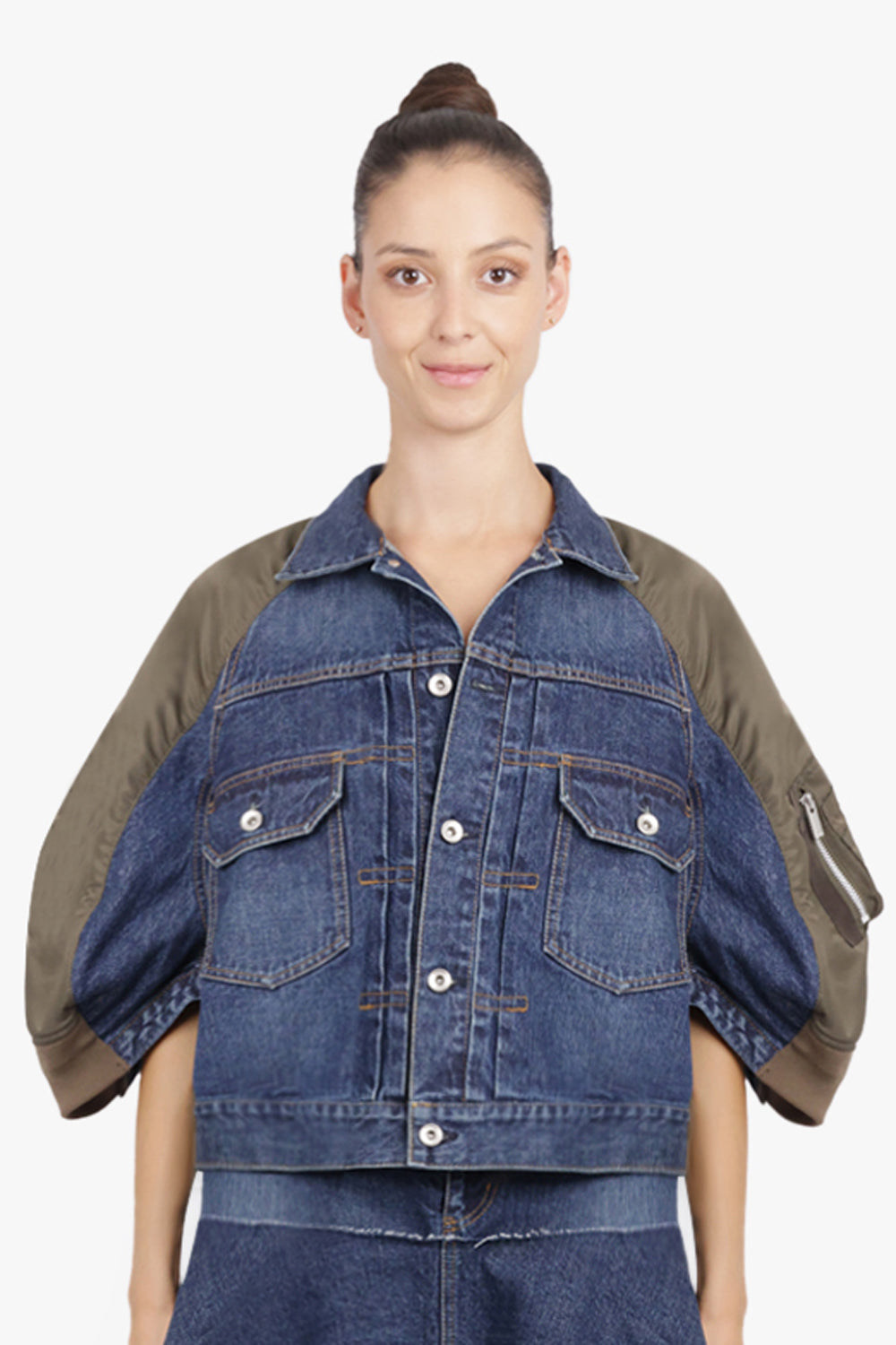 SACAI RTW Contrast Denim Jacket With 3/4 Sleeves | Blue/Khaki