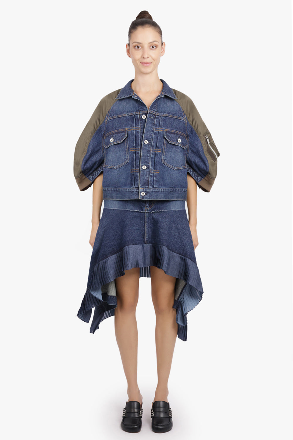 SACAI RTW Contrast Denim Jacket With 3/4 Sleeves | Blue/Khaki