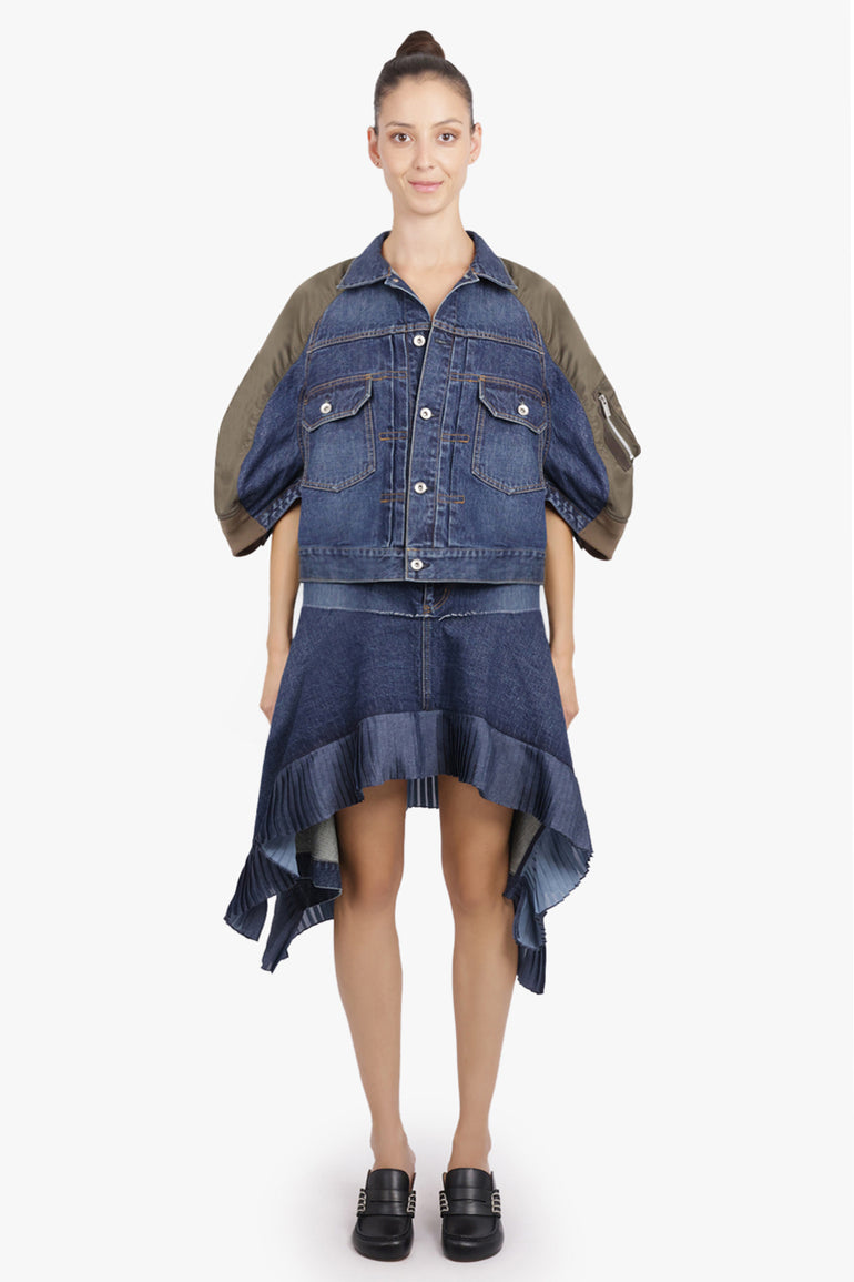 SACAI RTW Contrast Denim Jacket With 3/4 Sleeves | Blue/Khaki